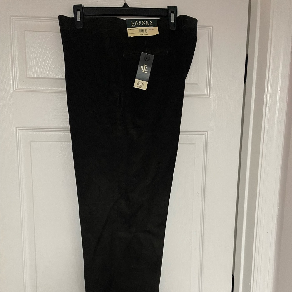 NWT- Ralph Lauren Dark Olive Flat Front Corduroy dress pants. 38wX32
